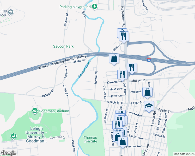map of restaurants, bars, coffee shops, grocery stores, and more near 1497 Ravena Street in Bethlehem