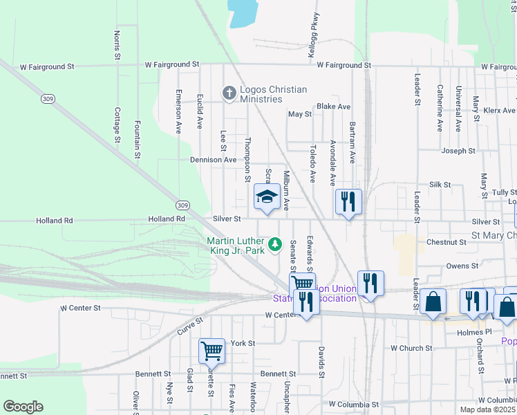map of restaurants, bars, coffee shops, grocery stores, and more near 750 Silver Street in Marion