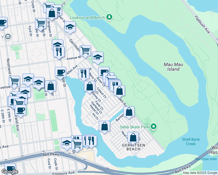 map of restaurants, bars, coffee shops, grocery stores, and more near 26 Aster Court in Brooklyn