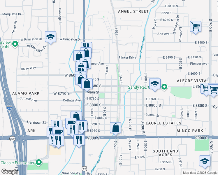 map of restaurants, bars, coffee shops, grocery stores, and more near 112 East 8680 South in Sandy
