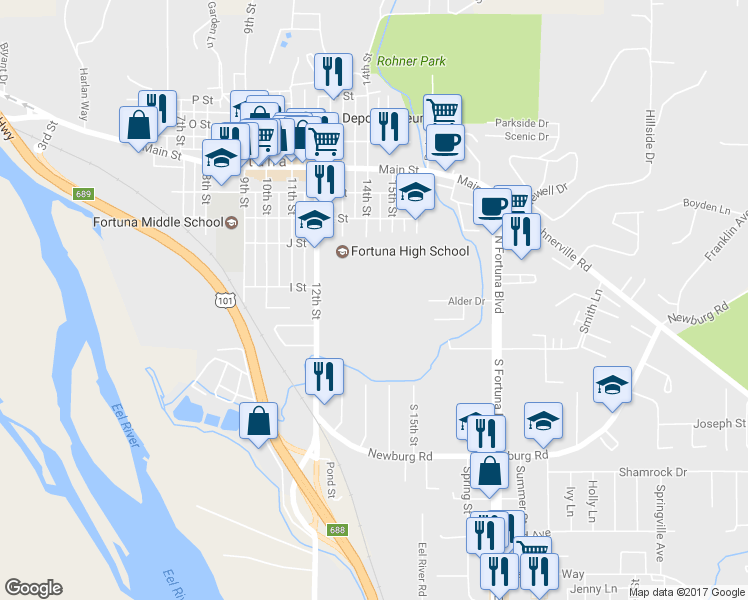 map of restaurants, bars, coffee shops, grocery stores, and more near 379 12th Street in Fortuna