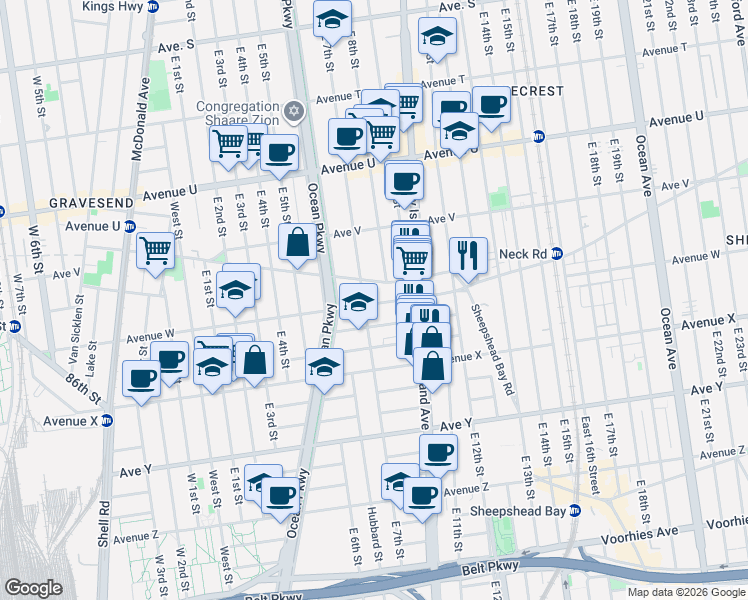 map of restaurants, bars, coffee shops, grocery stores, and more near 735 Avenue W in Brooklyn
