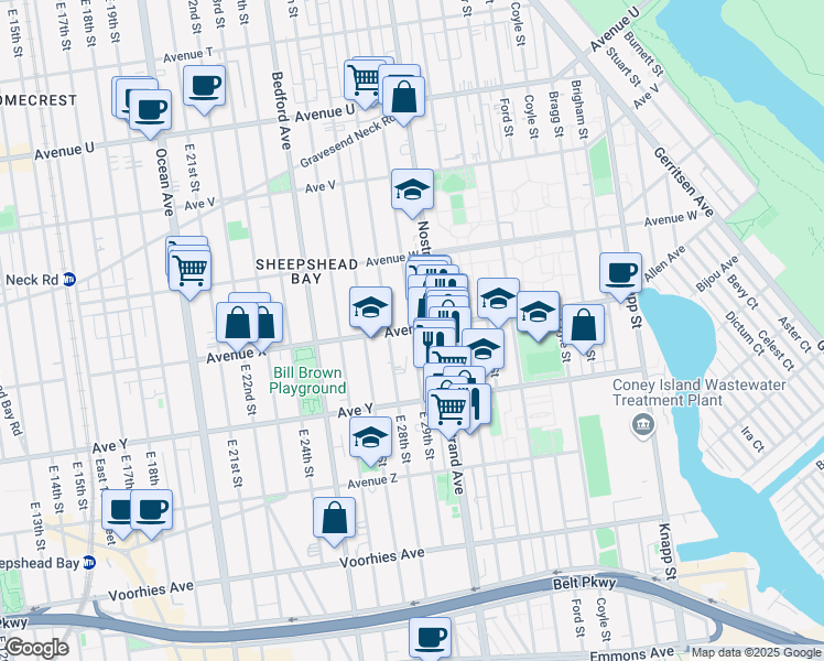 map of restaurants, bars, coffee shops, grocery stores, and more near 2400 East 29th Street in Brooklyn