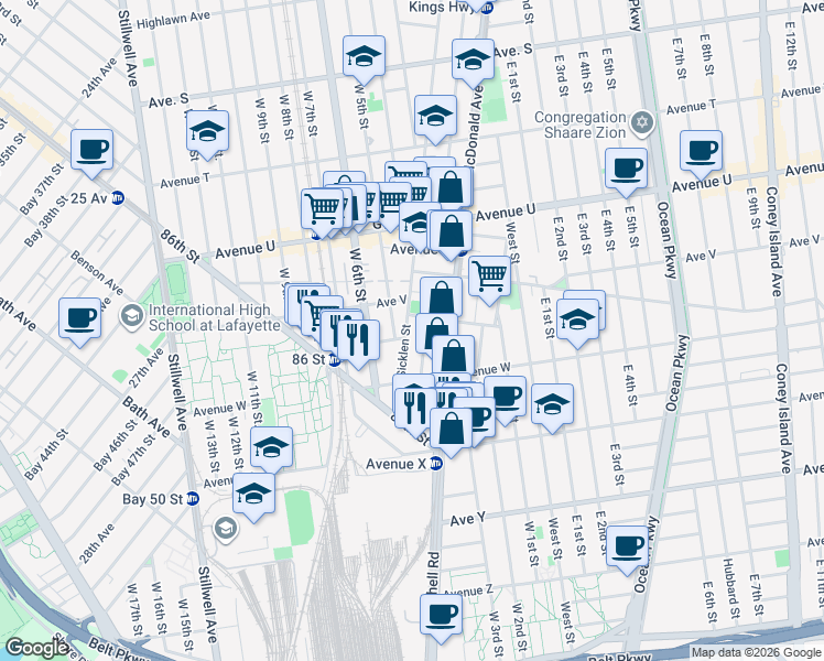 map of restaurants, bars, coffee shops, grocery stores, and more near 433 Van Sicklen Street in Brooklyn
