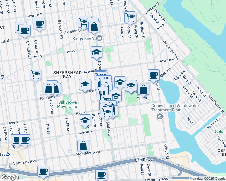 map of restaurants, bars, coffee shops, grocery stores, and more near 2435 Haring Street in Brooklyn