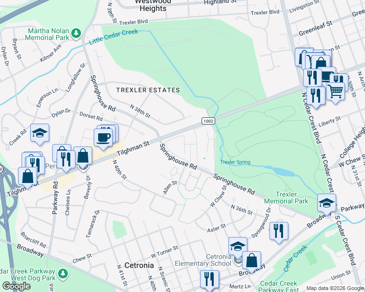 map of restaurants, bars, coffee shops, grocery stores, and more near 3650 Tilghman Street in Allentown