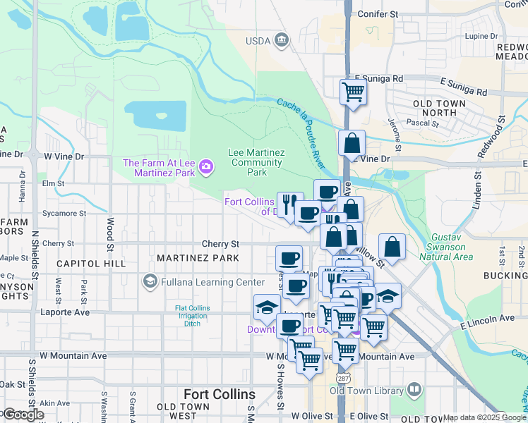 map of restaurants, bars, coffee shops, grocery stores, and more near 415 Mason Court in Fort Collins