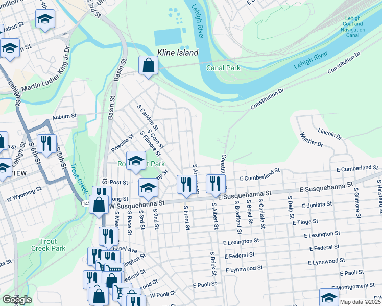 map of restaurants, bars, coffee shops, grocery stores, and more near 953 South Front Street in Allentown