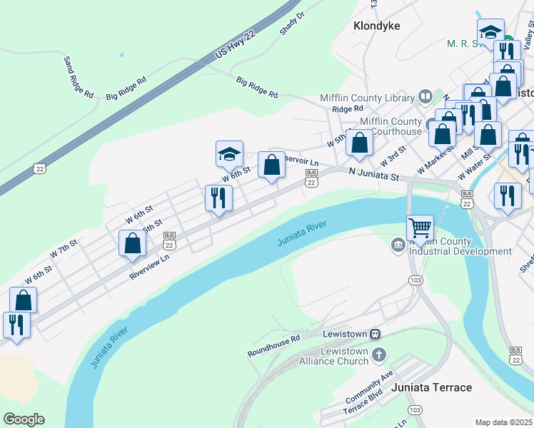map of restaurants, bars, coffee shops, grocery stores, and more near 483 Riverview Lane in Lewistown