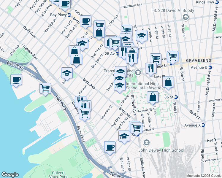 map of restaurants, bars, coffee shops, grocery stores, and more near 8739 26th Avenue in Brooklyn