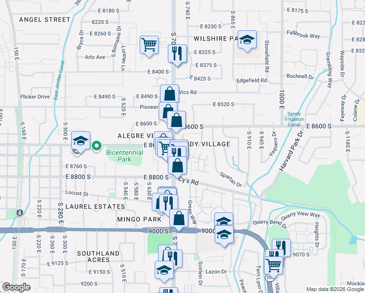 map of restaurants, bars, coffee shops, grocery stores, and more near 8725 South 700 East in Sandy