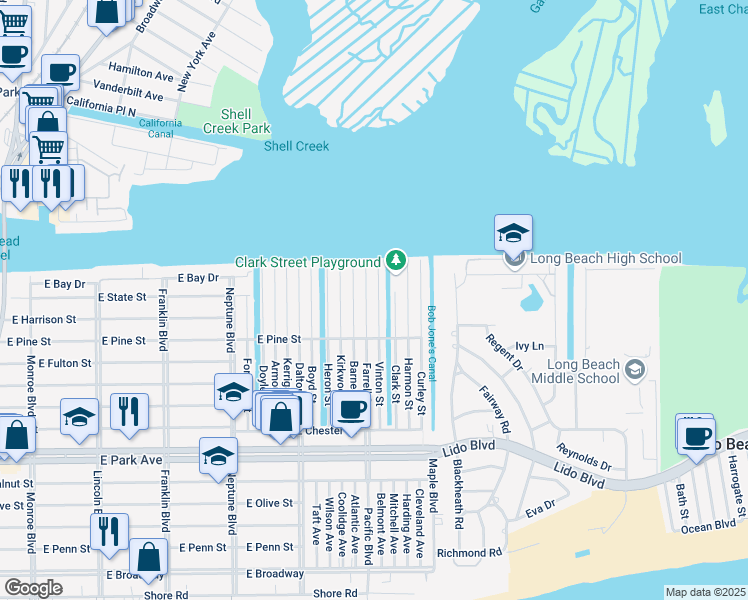 map of restaurants, bars, coffee shops, grocery stores, and more near 60 Farrell Street in Long Beach