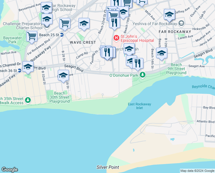 map of restaurants, bars, coffee shops, grocery stores, and more near 20-33 Seagirt Boulevard in Queens