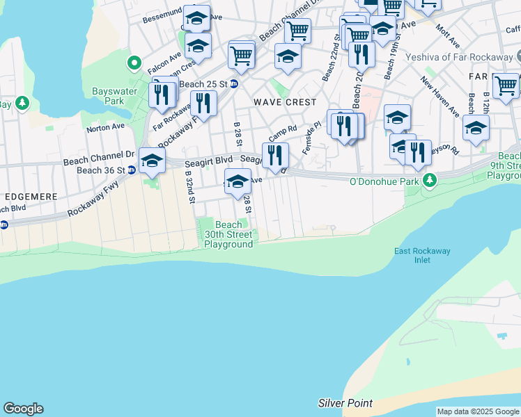 map of restaurants, bars, coffee shops, grocery stores, and more near 1-28 Beach 27th Street in Queens