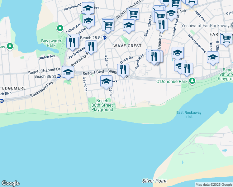 map of restaurants, bars, coffee shops, grocery stores, and more near 1-28 Beach 27th Street in Queens