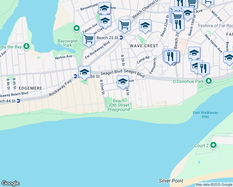 map of restaurants, bars, coffee shops, grocery stores, and more near 1-09 Beach 30th Street in Queens