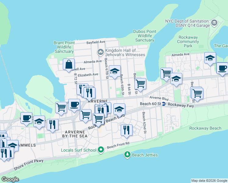 map of restaurants, bars, coffee shops, grocery stores, and more near 66-08 Beach Channel Drive in Queens