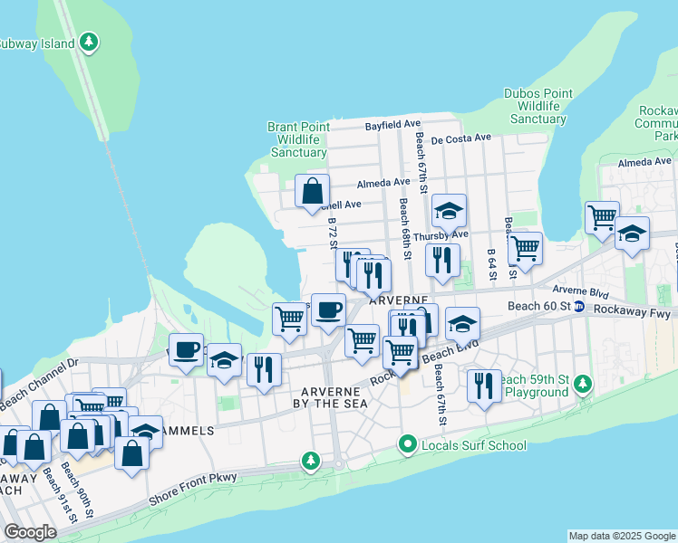 map of restaurants, bars, coffee shops, grocery stores, and more near 69-47 Gouverneur Avenue in Queens