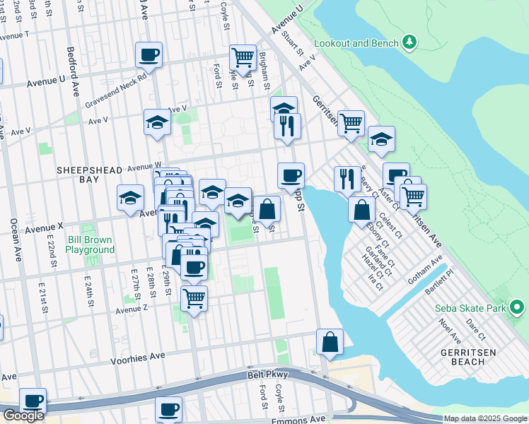 map of restaurants, bars, coffee shops, grocery stores, and more near 2460 Bragg Street in Brooklyn