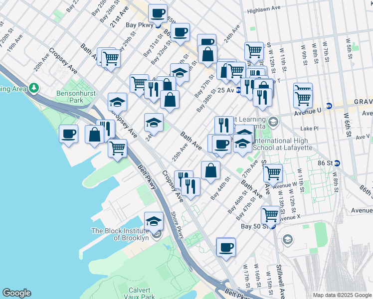map of restaurants, bars, coffee shops, grocery stores, and more near 214 Bay 41st Street in Brooklyn