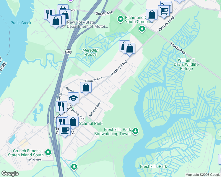 map of restaurants, bars, coffee shops, grocery stores, and more near 50 Church Avenue in Staten Island