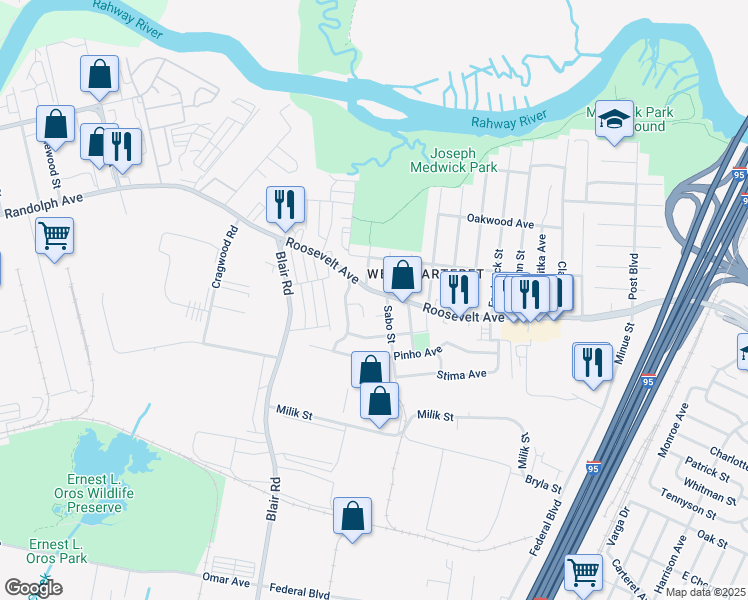 map of restaurants, bars, coffee shops, grocery stores, and more near 1 Carlton Street in Carteret