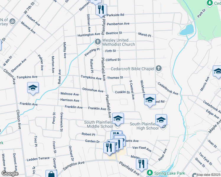 map of restaurants, bars, coffee shops, grocery stores, and more near 100 Conklin Street in South Plainfield