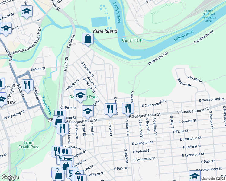 map of restaurants, bars, coffee shops, grocery stores, and more near 953 South Front Street in Allentown