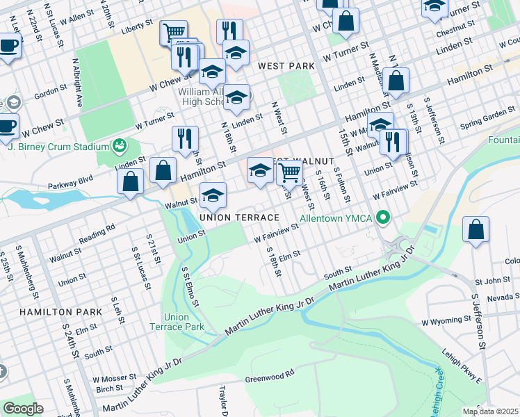 map of restaurants, bars, coffee shops, grocery stores, and more near 1814 Union Street in Allentown