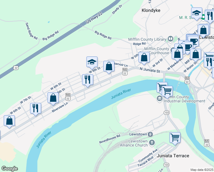 map of restaurants, bars, coffee shops, grocery stores, and more near 483 Riverview Lane in Lewistown