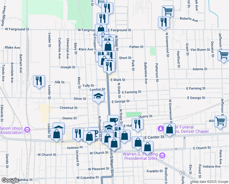 map of restaurants, bars, coffee shops, grocery stores, and more near 310 North Main Street in Marion