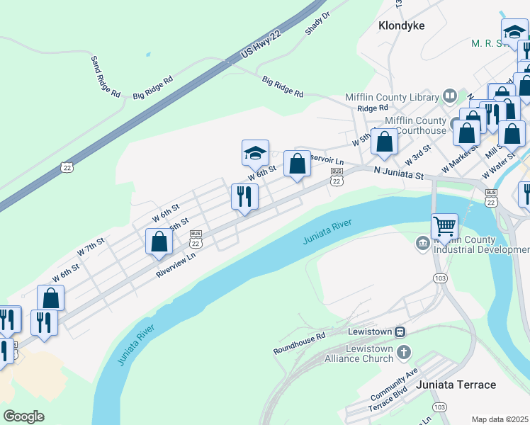 map of restaurants, bars, coffee shops, grocery stores, and more near 508 West 4th Street in Lewistown