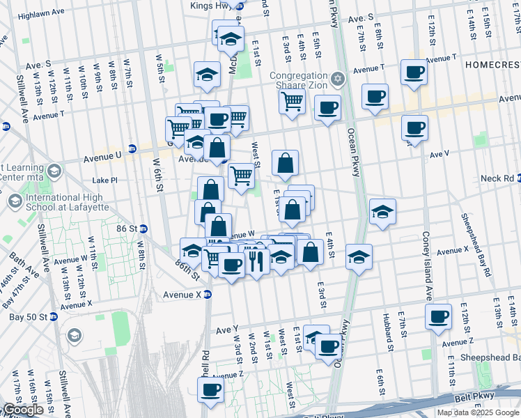 map of restaurants, bars, coffee shops, grocery stores, and more near 2256 West Street in Brooklyn