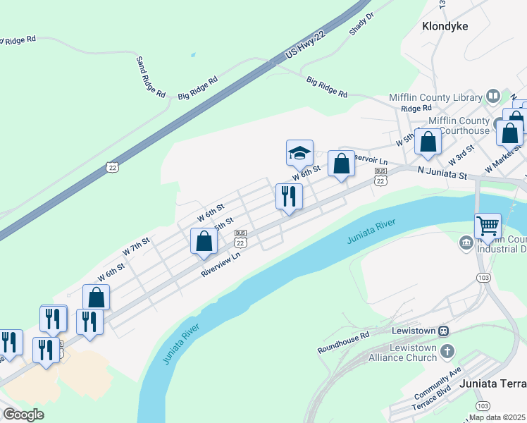 map of restaurants, bars, coffee shops, grocery stores, and more near 614 West 5th Street in Lewistown