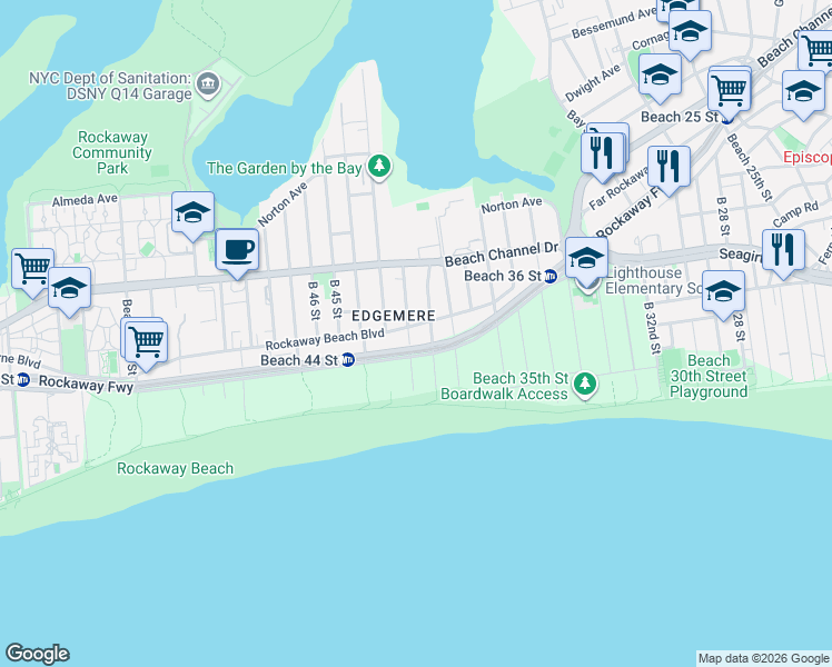 map of restaurants, bars, coffee shops, grocery stores, and more near 41-19 Rockaway Beach Boulevard in Queens