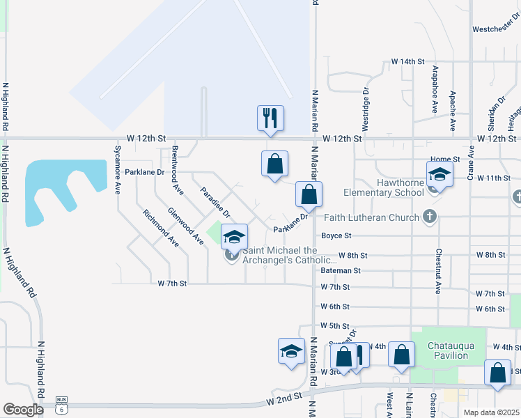 map of restaurants, bars, coffee shops, grocery stores, and more near 3020 Parklane Drive in Hastings