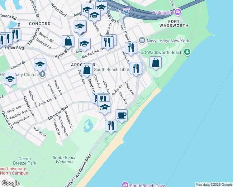 map of restaurants, bars, coffee shops, grocery stores, and more near 73 Alex Circle in Staten Island