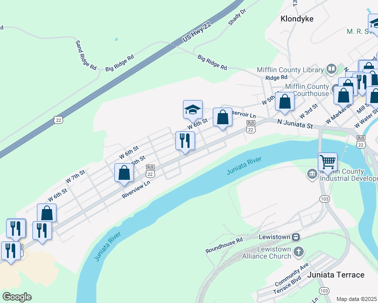 map of restaurants, bars, coffee shops, grocery stores, and more near 521 West 4th Street in Lewistown