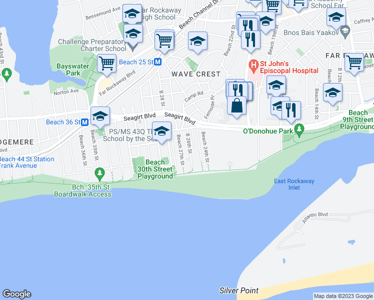 map of restaurants, bars, coffee shops, grocery stores, and more near 1-53 Beach 26th Street in Queens