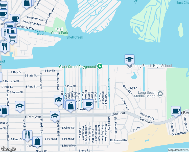 map of restaurants, bars, coffee shops, grocery stores, and more near 60 Farrell Street in Long Beach
