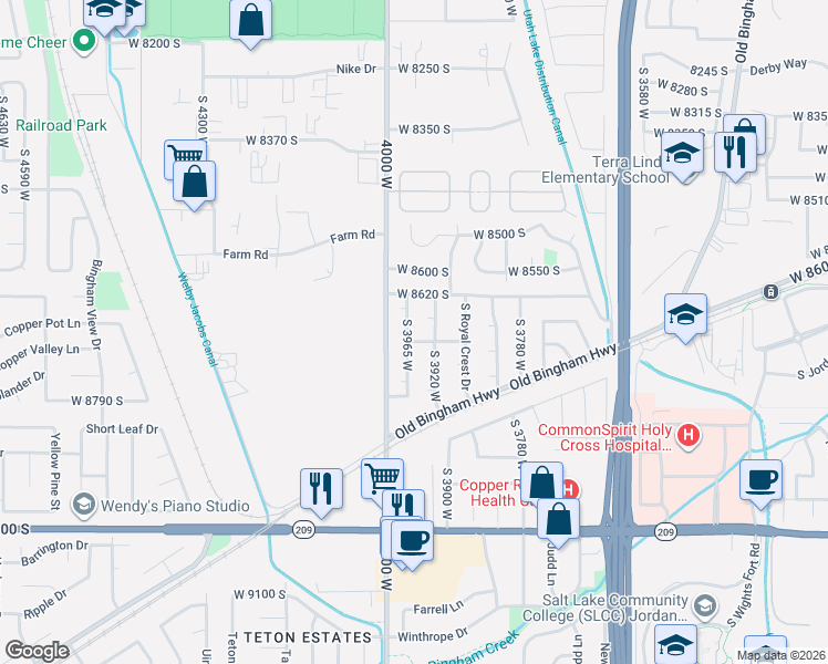 map of restaurants, bars, coffee shops, grocery stores, and more near 8681 South 3965 West in West Jordan