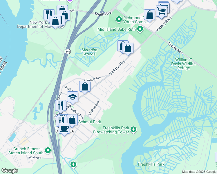 map of restaurants, bars, coffee shops, grocery stores, and more near 50 Church Avenue in Staten Island