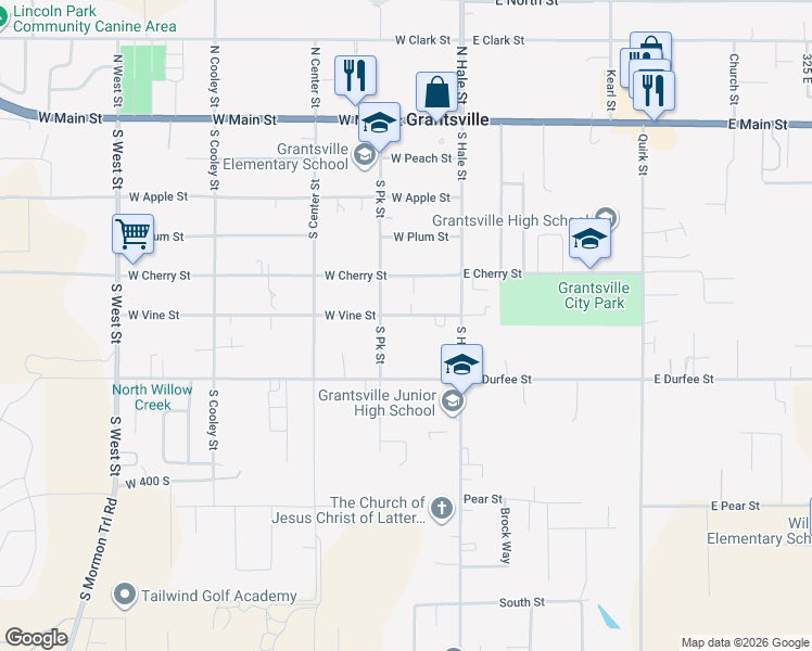 map of restaurants, bars, coffee shops, grocery stores, and more near 60 West Durfee Street in Grantsville