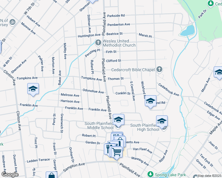map of restaurants, bars, coffee shops, grocery stores, and more near 100 Conklin Street in South Plainfield