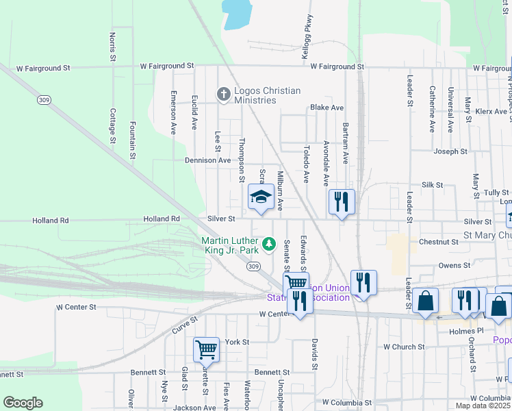 map of restaurants, bars, coffee shops, grocery stores, and more near 750 Silver Street in Marion