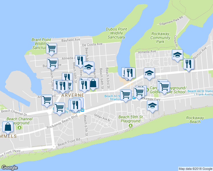 map of restaurants, bars, coffee shops, grocery stores, and more near 4-23 Beach 63rd Street in Queens