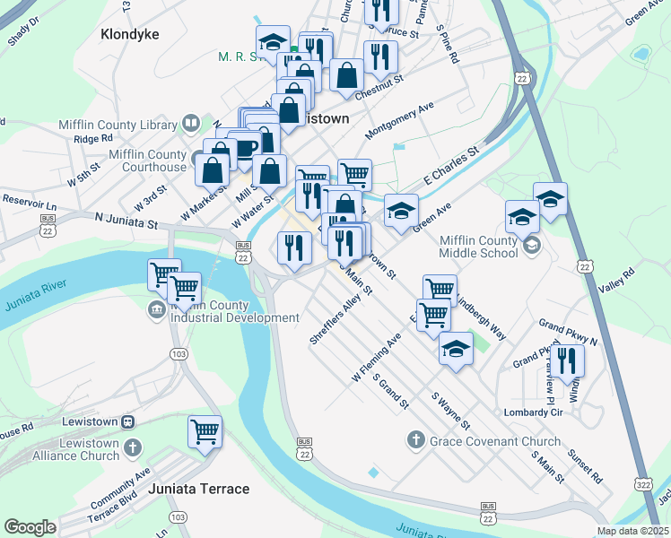 map of restaurants, bars, coffee shops, grocery stores, and more near 306 South Main Street in Lewistown