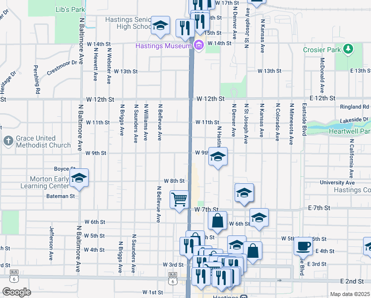 map of restaurants, bars, coffee shops, grocery stores, and more near 1001 W 10th St in Hastings