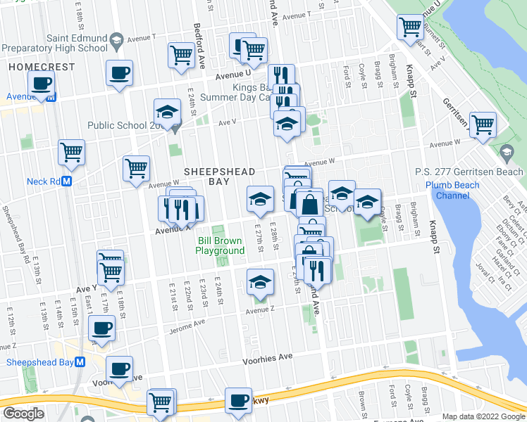 map of restaurants, bars, coffee shops, grocery stores, and more near 2347 East 28th Street in Brooklyn