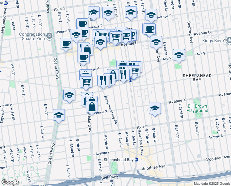map of restaurants, bars, coffee shops, grocery stores, and more near 1223 Gravesend Neck Road in Brooklyn